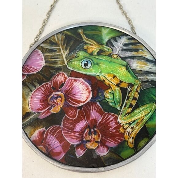 Frog Round Stained Glass Suncatcher 6.25" Green Pink Window - Picture 3 of 4